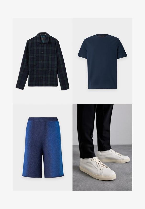 Tamsiai žalia ir tamsiai mėlyna languota mygtukų striukė su ilgomis rankovėmis, apykakle ir keturiomis priekinėmis kišenėmis.; Tamsiai mėlynas trumpas rankovės marškinėliai, pagaminti iš lygios medvilnės, su apykakle ir mažuoju įspaustu logotipu kairiajame krūtinės kampe.; Tamsiai mėlyni šortai su tekstūruotu paviršiumi, tiesaus kirpimo ir be siūlų juosmens, sukurti komfortui ir atsitiktiniam stiliui.; Šviesūs smėlio spalvos odiniai sportbačiai su plokščiomis raišteliais, tekstūruotu paviršiumi ir kontrastinga kreminės spalvos gumine padu, derinami su juodomis siaurėjančiomis kelnėmis.