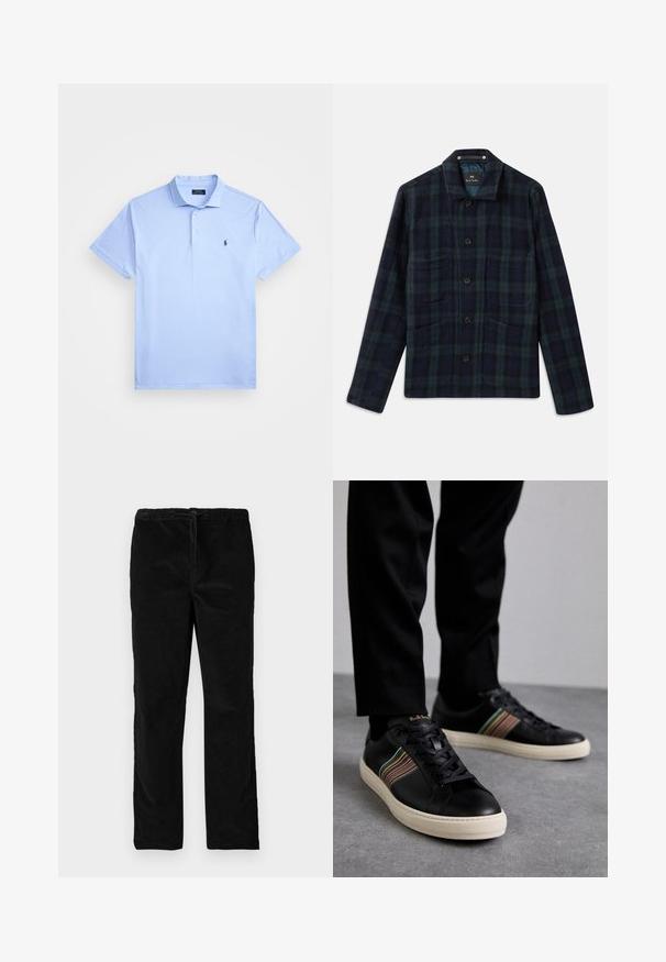 Temno zelena in mornarsko modra karirana srajčna jakna z dolgimi rokavi, ovratnikom in štirimi sprednjimi žepi.; Svetlo modra polo majica s kratkimi rokavi, z teksturirano tkanino, dvema gumboma na zapenjanju, ovratnikom in majhnim temno vezenim logotipom na prsih.; Črne ravne sametne hlače z elastičnim pasom in sprednjim vrvico, prikazane na enobarvni beli podlagi.; Črne usnjene superge z večbarvnimi črtastimi poudarki, okroglo konico in belimi gumijastimi podplati, z vezalnim dizajnom in embosiranim logotipom.