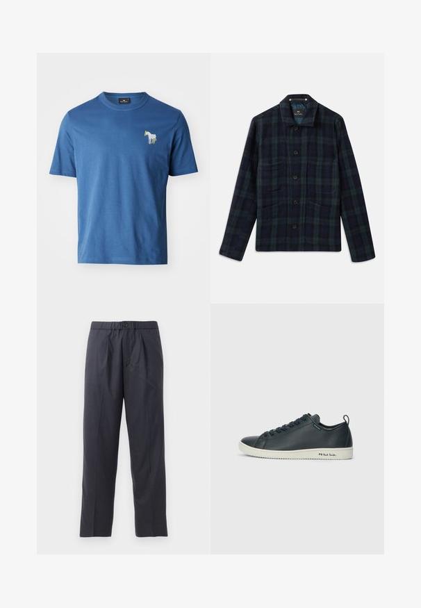 Dark green and navy blue plaid button-up jacket with long sleeves, collar, and four front pockets.; Blue cotton t-shirt with a round neckline, short sleeves, and an embroidered zebra design in white and yellow on the left chest area.; Dark navy trousers made of soft fabric with a pleated front design and elastic waistband. Features a button closure and straight-leg cut.; Dark navy leather sneaker with a smooth finish, rounded toe, six eyelet lacing, and contrasting white rubber sole. Features branding on the side.