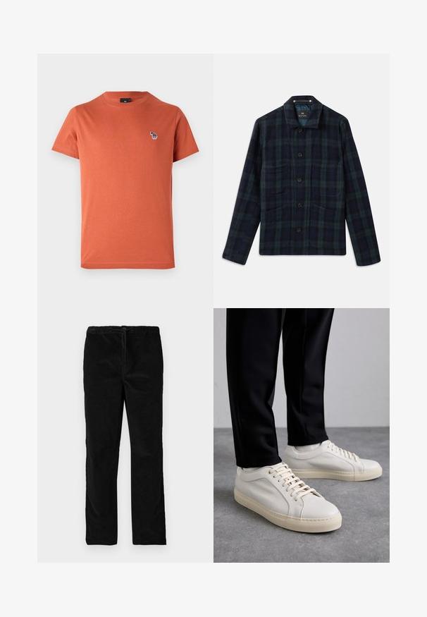 Tmavozelená a námornícky modrá kockovaná košeľa s dlhými rukávmi, golierom a štyrmi prednými vreckami.; Oranžové bavlnené tričko s krátkymi rukávmi, klasickým výstrihom a malým, viaczloľčným vyšívaným vzorom na ľavej hrudi.; Čierne saténové nohavice s rovnými nohavicami, elastickým pásom a predným šnúrkovým zapínaním, vystavené na bielom pozadí.; Svetlo béžové kožené tenisky s plochými šnúrkami, textúrovaným povrchom a kontrastnou krémovou gumovou podrážkou, skombinované s čiernymi zúženými nohavicami.