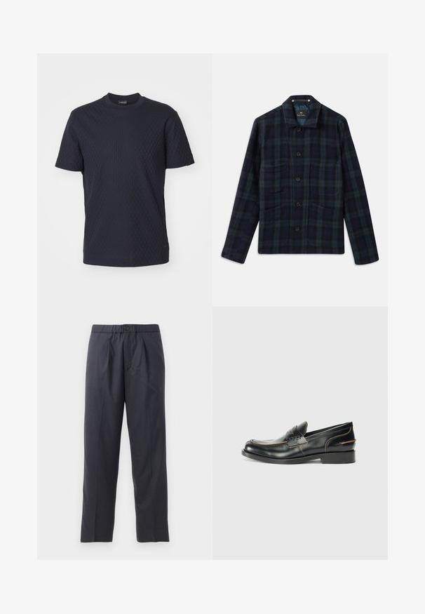 Sötétzöld és tengerészkék kockás gombos dzseki hosszú ujjal, gallérral, valamint négy elülső zsebbel.; Emporio Armani Basic póló - navy; Sötét tengerészkék nadrág, puha anyagból, plissézett elejű kialakítással és gumis derékkal. Gombos záródással és egyenes szárú szabással rendelkezik.; Fekete bőr lófarokcipők elegáns dizájnnal, finom varrással és alacsony sarokkal, egy sima fehér háttér előtt.