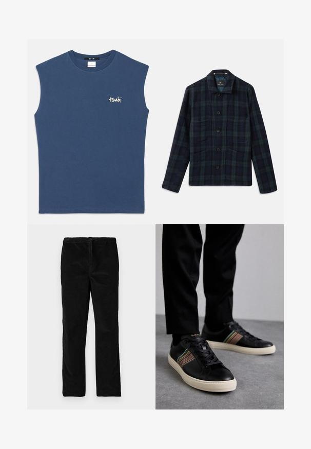 Sötétzöld és tengerészkék kockás gombos dzseki hosszú ujjal, gallérral, valamint négy elülső zsebbel.; Kék ujjatlan pamut ing kerek nyakkivágással. Kicsi fehér "Ksubi" logó található a mellkason. Sima textúra, laza szabás.; Fekete, egyenes szárú bársony nadrág, elasztikus derékrésszel és elől húzózsinórral, egyszerű fehér háttér előtt kiemelve.; Fekete bőr sportcipők színes csíkozással, kerek orral és fehér gumitalppal, fűzős kialakítással és dombornyomott logóval.