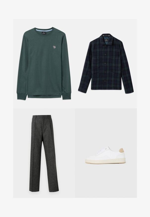 Sötétzöld és tengerészkék kockás gombos dzseki hosszú ujjal, gallérral, valamint négy elülső zsebbel.; Hosszú ujjú, sötétzöld, kerek nyakú póló, bal mellen egy kisméretű, színes zebra logóval és bordázott mandzsettákkal.; Szürke, texturált anyagból készült, szabott nadrág, két elülső pliszével és egyenes lábbal. Nincsenek látható zsebek vagy díszítések.; Fehér, alacsony szárú sportcipők textúrált bőr felsőrésszel, krémszínű bordás talppal és barna sarokdíszítéssel. Fehér fűzőkkel és logóval ellátott sarokkialakítással rendelkezik.