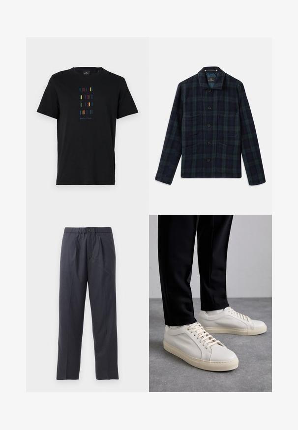 Tumši zaļš un tumši zilas pārsēdīšana ar pogām, garām piedurknēm, apkakli un četrām priekšējām kabatām.; Melna kokvilnas T-kreklu ar vertikālu krāsainu svītru dizainu un "PS Paul Smith" tekstu apakšā. Standarta apaļa kakla izgriezums.; Tumši tumši zili bikses, kas izgatavotas no mīksta auduma ar krokām priekšpusē un elastīgu jostasvietu. Iespējama pogas aizdare un taisna kāju griezums.; Gai beige ādas kedas ar plakaniem šņorēm, teksturētu virsmu un kontrastējošu krēmkrāsas gumijas zoli, apvienotas ar melniem pieguļošiem biksēm.