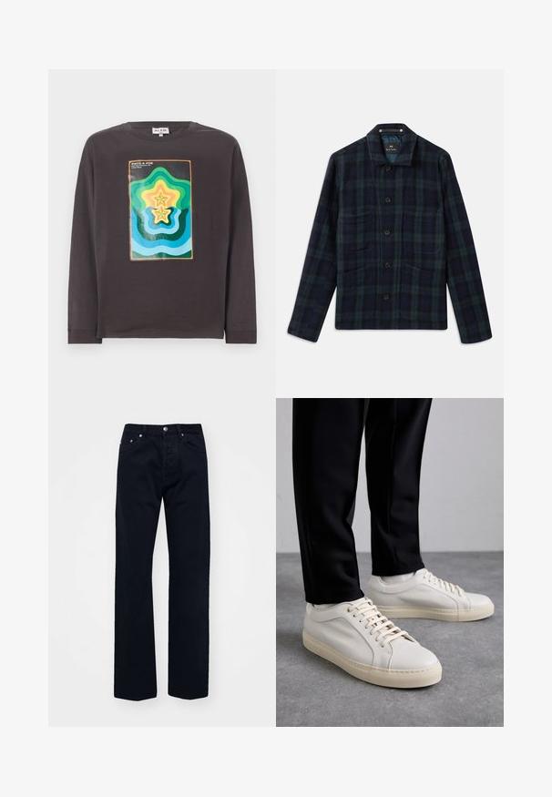 Ciemnozielona i granatowa kraciasta kurtka zapinana na guziki z długimi rękawami, kołnierzem i czterema przednimi kieszeniami.; Ciemnoszara koszulka z długim rękawem z kolorowym geometrycznym wzorem z falami i gwiazdami w odcieniach zieleni, niebieskiego, żółtego i pomarańczowego.; Czarne dżinsy z prostymi nogawkami, posiadające zapięcie na guzik i zamek, pięć kieszeni oraz tonalne przeszycia.; Jasnobeżowe skórzane sneakersy z płaskimi sznurowadłami, teksturowaną powierzchnią i kontrastującą kremową gumową podeszwą, zestawione z czarnymi zwężającymi się spodniami.