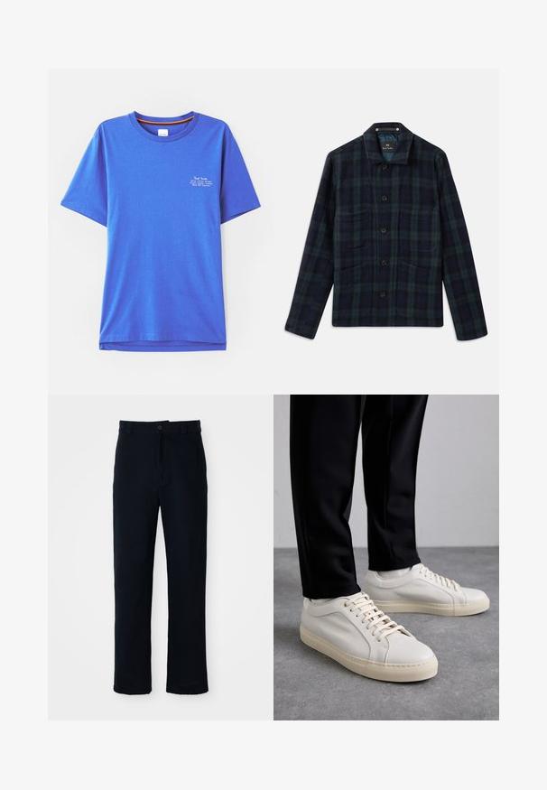 Tmavě zelená a námořnická modrá kostkovaná košile s dlouhými rukávy, límečkem a čtyřmi předními kapsami.; Modré bavlněné tričko s krátkým rukávem a kulatým výstřihem, se vzorem bílého tištěného textu na levém horním rohu. Hladká textura a uvolněný střih.; Námorně modré kalhoty vyrobené ze 100 % bavlny, s rovnými nohavicemi, předním zapínáním na knoflík a klasickým pasem s poutky na pásek.; Světlé béžové kožené tenisky s plochými tkaničkami, texturovaným povrchem a kontrastní krémovou gumovou podrážkou, spárované s černými zúženými kalhotami.