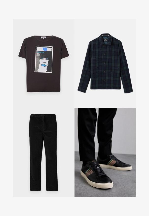 Donkergroen en marineblauw ruitjes-overhemdjasje met lange mouwen, kraag en vier voorkruisen.; Zwarte katoenen t-shirt met een grafisch ontwerp van het gezicht van een vrouw met blauwe lippen, grote blauwe ogen en een hart, omlijst in een witte rechthoek.; Zwarte rechte fluwelen broek met elastische tailleband en voorste trekkoord, gepresenteerd tegen een eenvoudige witte achtergrond.; Zwarte leren sneakers met multicolored gestreepte accenten, ronde neus en witte rubberen zolen, met vetersluiting en reliëfbranding.