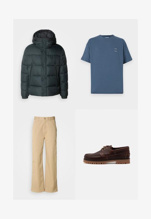 Puffer jacket in dark green with a high collar, hood, snap buttons, zippered side pockets, and a quilted design for insulation.; Blue cotton t-shirt with a classic crew neck, short sleeves, relaxed fit, and two small printed logos on the chest. Smooth texture.; Beige, wide-leg pants made from a cotton blend. Features a button closure and belt loops. Smooth texture, with minimal stitching details.; Brown leather boat shoe with stitching details, lace-up design, and rugged rubber sole with textured treads for traction.