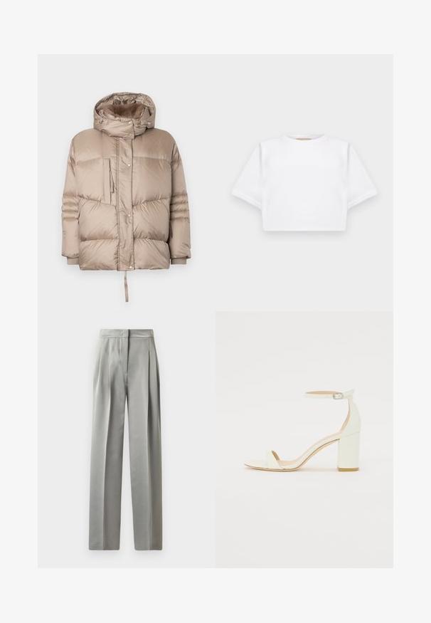 Beige pufferjakke med aftagelig hætte, lynlås fortil, trykknapper, ribbede mansjetter og sidelommer. Har en glat, kviltet tekstur.; KFrakelse hvid t-shirt lavet af blødt stof, med korte ærmer, rund halsudskæring og ribbede nederste detaljer. Enkel og udekoreret design.; Lysegrå skræddersyede bukser med en glat tekstur, der har plisseringer foran, en bred benlængde og en tætsiddende talje.; Hvide læder sandaler med blokhæl, der har en ankelrem med spænde og minimalistisk design. Åben tå og glatte teksturer hele vejen igennem.