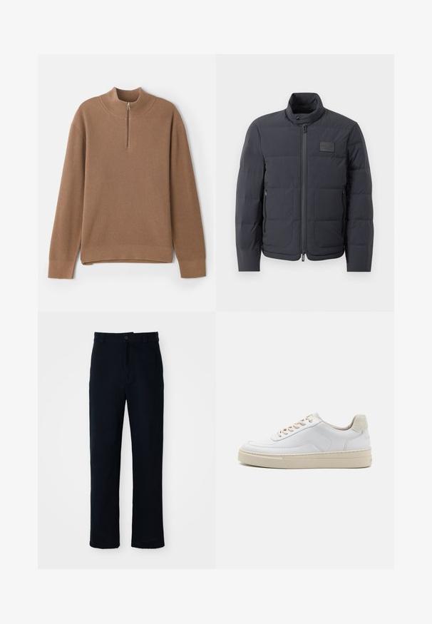 Black puffer jacket with a high collar, quilted texture, and a front zipper. Features a small logo patch on the left chest and side pockets.; Brown ribbed pullover with a high collar and half-zip closure. Features long sleeves and a straight hem with side slits for ease of movement.; Navy blue trousers made of cotton, featuring a straight-leg design, a front button closure, and classic waistband with belt loops.; White sneaker featuring a smooth leather upper, beige laces, and a textured beige suede heel tab. Elevated sole for added height.