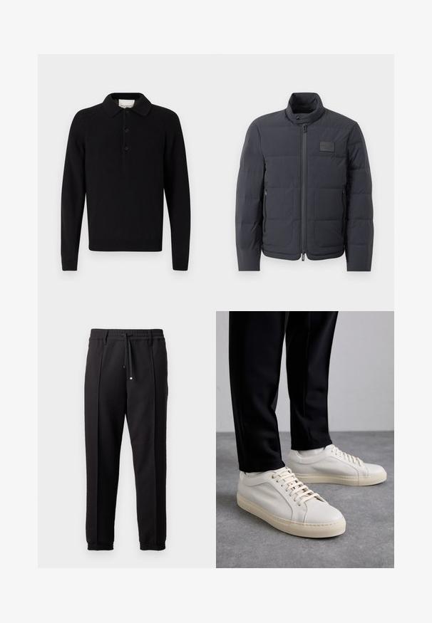 Juodas pūkuotas džemperis su aukštu kaklu, siuvinėta tekstūra ir priekiniais užtrauktukais. Yra mažas logotipo pleistras kairėje krūtinės pusėje ir šoniniai kišeniai.; Juodas ilgomis rankovėmis polo marškinėliai, pagaminti iš megztos medžiagos, su klasikiniu apykaklės dizainu, trijų mygtukų apykakle ir susitraukusiomis rankovėmis bei apačia.; Juodos kelnės su juosmeniu, raišteliu ir elastingais rankogaliais. Yra raukšlės ir lygus, tekstūruotas audinys.; Šviesūs smėlio spalvos odiniai sportbačiai su plokščiomis raišteliais, tekstūruotu paviršiumi ir kontrastinga kreminės spalvos gumine padu, derinami su juodomis siaurėjančiomis kelnėmis.