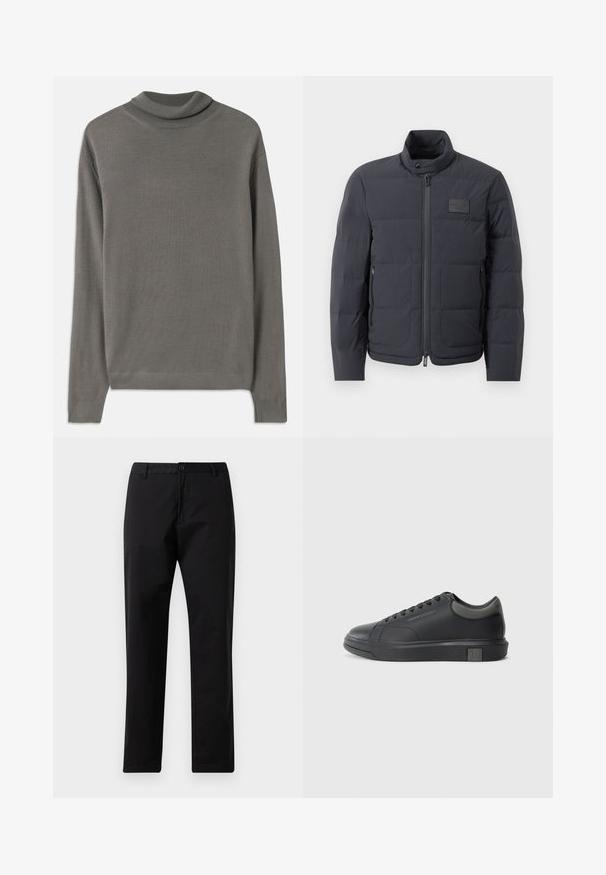 Musta puffatakki korkealla kauluksella, tikattu pinta ja vetoketju edessä. Sisältää pienen logopatchin vasemmassa rinnassa sekä sivutaskut.; Harmaa poolopaita, joka on valmistettu pehmeästä ja kevyestä kankaasta. Siinä on pitkät hihat ja ribbaus kaula-aukossa, ja pinta on sileä koko matkalta.; Mustat suorat housut, joissa on nappi- ja vetoketjukiinnitys, vyölenkit ja etutaskut, esillä valkoisella taustalla.; Musta nahkasneakeri, jossa on sileä pinta, pyöreä varvastulli ja tummanharmaat yksityiskohdat. Varustettu nauhakiinnityksellä ja kuvioidulla kumipohjalla.