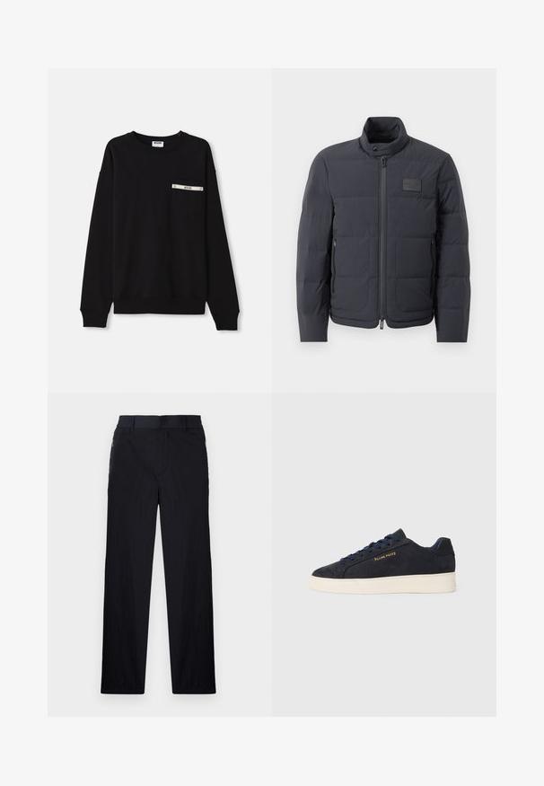 Giubbotto imbottito nero con colletto alto, texture trapuntata e zip frontale. Presenta una piccola patch con logo sul lato sinistro del petto e tasche laterali.; Felpa nera con maniche lunghe, polsini a costine, scollo tondo e una tasca frontale con un accento argentato e dettagli del logo.; Pantaloni neri realizzati in un tessuto leggero e strutturato, con taglio dritto, vita elasticizzata e tasche laterali con zip.; Sneaker bassa in suede blu navy con suola bianca, lacci blu navy e logo "Filling Pieces" in oro sul lato.