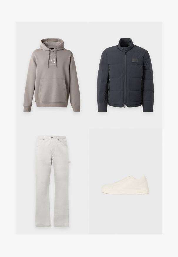 Čierna puffová bunda s vysokým golierom, prešívanou textúrou a predným zipsom. Obsahuje malú nášivku loga na ľavej hrudi a bočné vrecká.; Sivá mikina s kapucňou so stredovým klokanhím vreckom, nastaviteľnou šnúrkou na kapucni a malým bielym logom na hrudi. Mäkkejšia tkanina.; Svetlošedé nohavice s rovnými nohavicami, vyrobené z hladkej bavlnenej tkaniny, s prednými vreckami a bočným cargo vreckom.; Nízke béžové kožené tenisky s okrúhlym špičkou, minimálnym prešívaním a bočným zipsom na bielom pozadí.