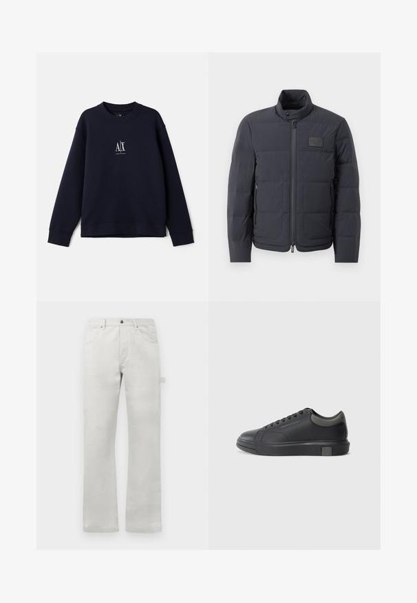 Must musternakk, millel on kõrge kaelus, tikkimise tekstuur ja esi tõmblukk. Iseloomustab väike logopatch vasakul rinnal ja küljetaskud.; Tumesinine pusak, mis on valmistatud pehmest puuvillast, ümmarguse kaelusega, pikkade varrukatega ja väikese valge logoga rinnal.; Heledad hallid püksid sirge lõikega, valmistatud siledast puuvillakangast, millel on ees taskud ja küljetasku.; Musthave mustad nahk sneaker sileda viimistlusega, ümarate varvaste ja tummiste hallide aktsentidega. Omab paeltega kinnitust ja tekstureeritud kummist talla.