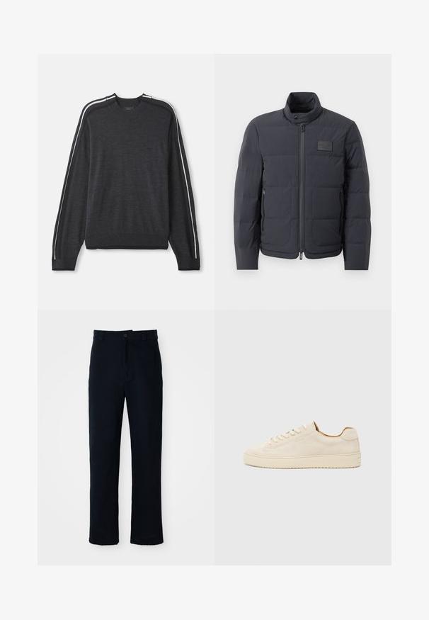 Casaco puffer preto com gola alta, textura acolchoada e fecho éclair frontal. Apresenta um pequeno emblema no lado esquerdo do peito e bolsos laterais.; Sweater cinza escuro com mangas longas, decote redondo, riscas brancas nas laterais, punhos e bainha canelados, apresentando um logótipo discreto no peito.; Calças azul marinho em algodão, com um design de perna reta, fecho frontal com botão e cinta clássica com passantes para cinto.; Sapatilhas de camurça bege com um design de cano baixo, bico redondo, atacadores planos e uma sola de borracha texturizada. Estilo minimalista sem logótipos visíveis.
