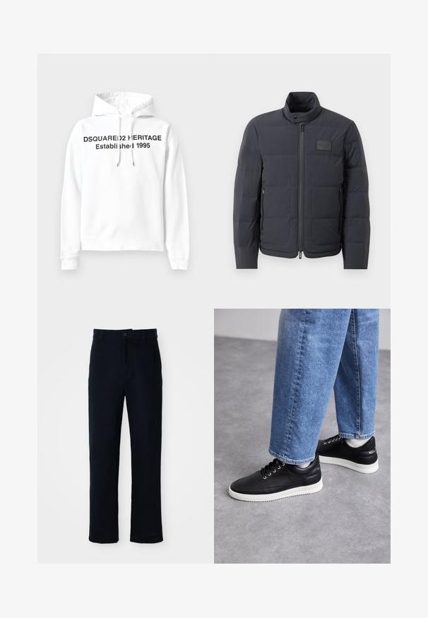 Black puffer jacket with a high collar, quilted texture, and a front zipper. Features a small logo patch on the left chest and side pockets.; White hoodie featuring a front kangaroo pocket, drawstring hood, and black text: "DSQUARED2 HERITAGE Established 1995." Soft fabric.; Navy blue trousers made of cotton, featuring a straight-leg design, a front button closure, and classic waistband with belt loops.; Black leather sneakers with white rubber soles, featuring round laces, smooth surface, and subtle branding on the heel. Worn with blue jeans.
