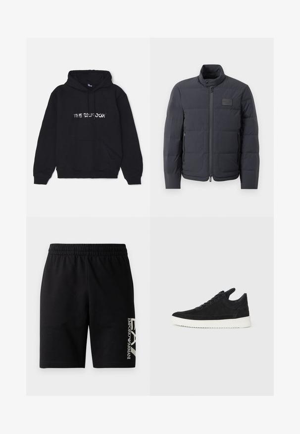 Casaco puffer preto com gola alta, textura acolchoada e fecho éclair frontal. Apresenta um pequeno emblema no lado esquerdo do peito e bolsos laterais.; Hoodie preto feito de um tecido suave e espesso. Apresenta um bolso frontal, capuz com cordão e um logótipo metálico ao centro.; EA7 Emporio Armani TRAIN VISIBILITY - Calções - black/cream; Sapatilha de camurça preta com sola de borracha branca, apresentando costuras tonais e um design com atacadores. Textura suave com uma forma moderna e simplificada.
