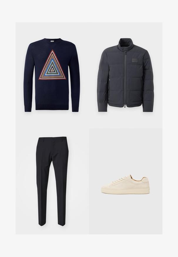 Casaco puffer preto com gola alta, textura acolchoada e fecho éclair frontal. Apresenta um pequeno emblema no lado esquerdo do peito e bolsos laterais.; Sweater azul-marinho com um design triangular multicolorido central, apresentando padrões em camadas nas cores vermelho, castanho, azul e creme. Mangas compridas e gola redonda.; Calças azul marinho escuras com um corte slim. Feitas de um tecido liso e texturizado, apresentando frente plana, passantes para cinto e bolsos laterais.; Sapatilhas de camurça bege com um design de cano baixo, bico redondo, atacadores planos e uma sola de borracha texturizada. Estilo minimalista sem logótipos visíveis.