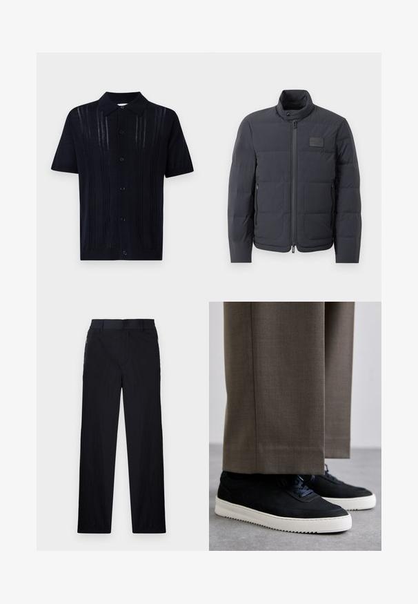 Juodas pūkuotas džemperis su aukštu kaklu, siuvinėta tekstūra ir priekiniais užtrauktukais. Yra mažas logotipo pleistras kairėje krūtinės pusėje ir šoniniai kišeniai.; Tamsiai mėlynos spalvos trumparasė megztas polo marškinėliai su taškais, turintys vertikaliu raukšlėjimu ir šešiomis mygtukais priekyje.; Juodos kelnės, pagamintos iš lengvos tekstūruotos medžiagos, tiesaus silueto, su elastingu juosmeniu ir šoniniais užtrauktukų kišenėmis.; Juodi zomšiniai sportbačiai su baltais guminiais padais, su apvalia nosimi ir raišteliais, dėvimi su pilkais pritaikytais kelnais.