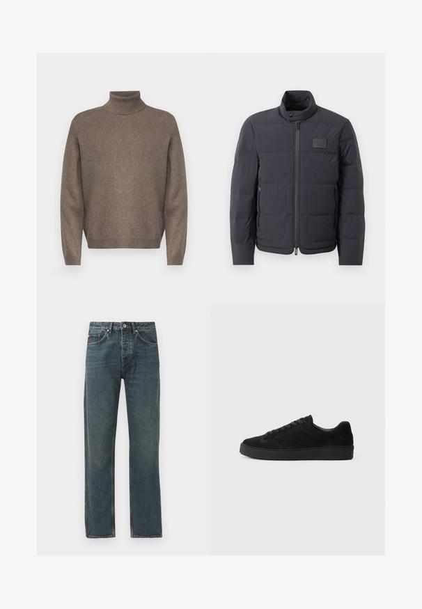 Juodas pūkuotas džemperis su aukštu kaklu, siuvinėta tekstūra ir priekiniais užtrauktukais. Yra mažas logotipo pleistras kairėje krūtinės pusėje ir šoniniai kišeniai.; Ruda golfas su aukštu kaklu, pagamintas iš minkštos megztos medžiagos. Yra surištos rankovės ir apačia, turi laisvą siluetą ir be siūlių dizainą.; Tamsiai mėlyni džinsai su tiesiomis kojomis, turintys penkis kišenes, mygtuko uždarymą ir kontrastingus siuvimo akcentus.; Juodos suedinės sportbačiai su plokščiu, tekstūriniu padu, apvaliu pirštu, šešiais skylutėmis raištams ir minimalistišku dizainu.