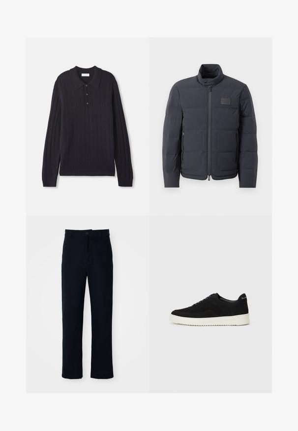 Casaco puffer preto com gola alta, textura acolchoada e fecho éclair frontal. Apresenta um pequeno emblema no lado esquerdo do peito e bolsos laterais.; Polo de malha de manga longa em azul-marinho escuro, com três botões e punhos canelados, apresentando um padrão texturizado de riscas verticais.; Calças azul marinho em algodão, com um design de perna reta, fecho frontal com botão e cinta clássica com passantes para cinto.; Sapatilhas de camurça pretas com design de atacadores e sola de borracha branca em contraste. Apresenta painéis laterais texturizados e uma marcação discreta no calcanhar.