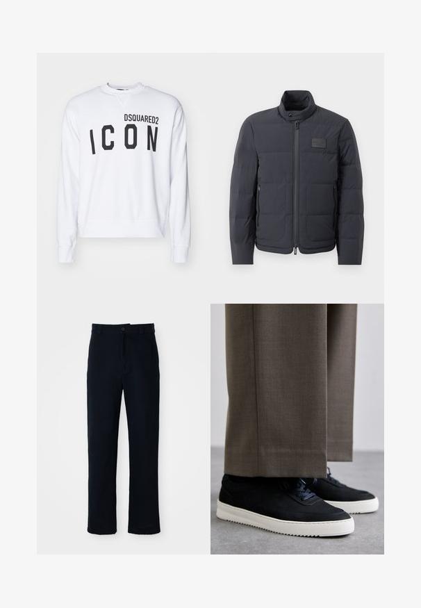 Črna napihnjena jakna z visokim ovratnikom, prešito teksturo in sprednjim zadrgo. Ima majhno logo nalepko na levem prsnem delu in stranske žepe.; Bela sweatshirtska majica z izrazitimi črnimi črkami "DSQUARED2" in "ICON". Okrugli izrez z rebrastimi manšetami in spodnjim robom. Priložnostna prileganje.; Temno modri hlače iz bombaža, s ravnim krojem, sprednjim gumbom in klasičnim pasom z zankami za pas.; Črne nubuk teniske z belimi gumijastimi podplati, ki imajo zaobljen nos in vezalke, oblečene z sivimi krojenimi hlačami.