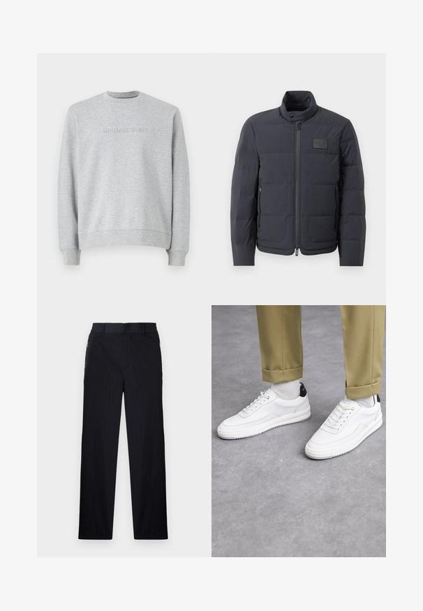 Zwarte pufferjack met een hoge kraag, gewatteerde textuur en een rits aan de voorkant. Beschikt over een klein logo-opdruk op de linkerborst en zijzakken.; Grijze sweatshirts gemaakt van zachte stof. Heeft een ronde hals, lange mouwen en een reliëf "MICHAEL KORS" logo op de voorkant. Eenvoudig design.; Zwarte broek van een lichtgewicht, gestructureerde stof, met een recht model, elastische Tailleband en zijzakken met rits.; Witte sneakers met een textuur van leerafwerkingen, een ronde neus en een zwarte hielaccent. Rubberen zool met een klein profiel en gestikte details.