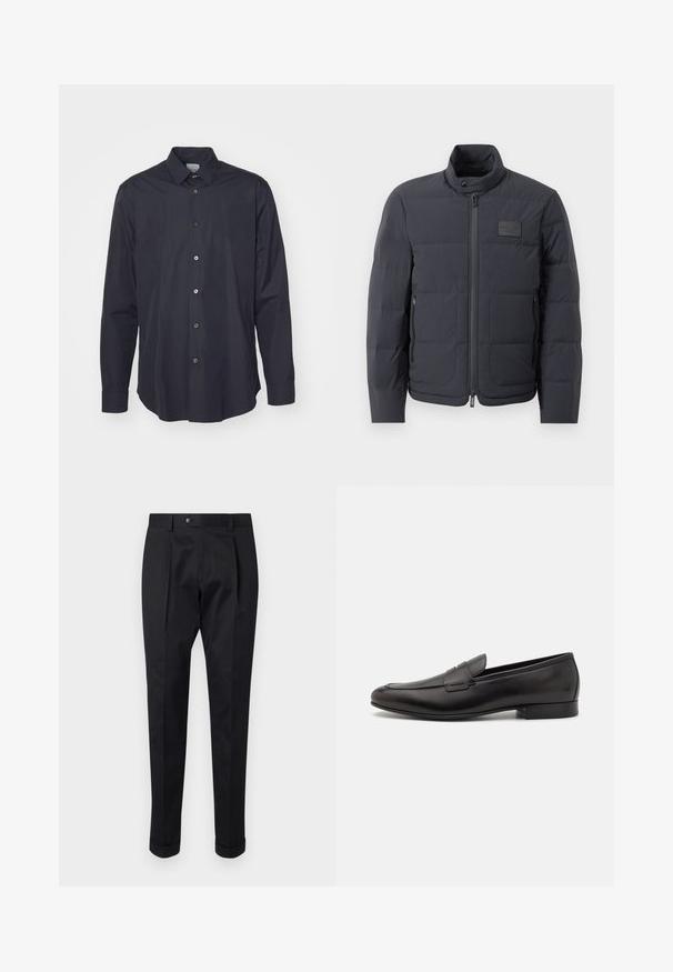 Černá péřová bunda s vysokým límcem, prošívanou strukturou a předním zipem. Obsahuje malé logo na levé straně hrudi a boční kapsy.; Tmavě modrá košile s dlouhým rukávem a knoflíky vyrobená z hladkého materiálu, s klasickým límcem a pěti předními knoflíky, s kontrastními barvami knoflíků.; Černé kalhoty z hladkého materiálu s pukem vpředu, zapínáním na knoflík a ohrnutými manžetami u kotníků.; Černé kožené mokasíny s elegantním designem, zaoblenou špičkou a nízkým podpatkem. Mají dekorativní prošívaný detail na svršku.
