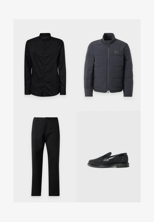 Giubbotto imbottito nero con colletto alto, texture trapuntata e zip frontale. Presenta una piccola patch con logo sul lato sinistro del petto e tasche laterali.; Camicia nera a maniche lunghe con bottoni, realizzata in un tessuto morbido, caratterizzata da un colletto classico, bottoni frontali e un logo discreto sopra il petto sinistro.; Pantaloni neri a gamba dritta con chiusura a bottone e zip, passanti per cintura e tasche frontali, esposti su sfondo bianco.; Scarpa nera a mocassino intrecciata con un accentuato in pelle liscia sulla parte superiore, design a punta rotonda e suola in gomma a profilo basso.