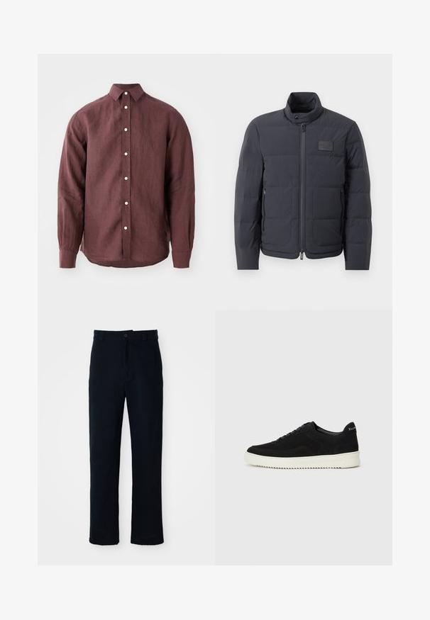 Must musternakk, millel on kõrge kaelus, tikkimise tekstuur ja esi tõmblukk. Iseloomustab väike logopatch vasakul rinnal ja küljetaskud.; Burgundy värvi pika varrukaga särk, mis on valmistatud tekstuuriga kangast. Särgil on klassikaline krae, nupuga eesmine kinnitamine ning kontrastse värvusega nööbid.; Tumed sinelased püksid puuvillast, sirge lõikega, eesnupu sulgemisega ning klassikalise vöökohaga, kus on vööaasad.; Mustad suede jooksujalatsid, millel on paelad ja kontrastne valge kummitald. Omab tekstuuriga külgpaneele ja tagasihoidlikku brändimist kandadel.