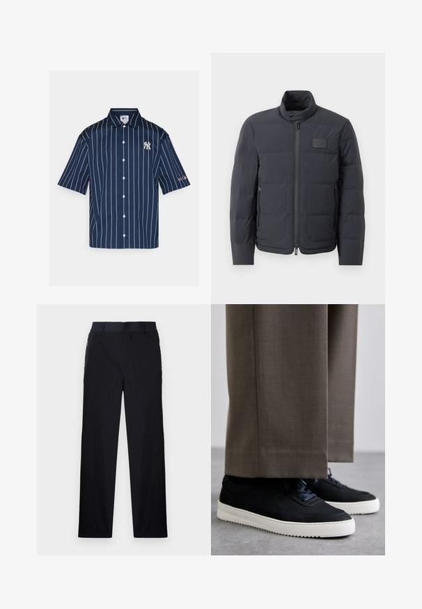 Casaco puffer preto com gola alta, textura acolchoada e fecho éclair frontal. Apresenta um pequeno emblema no lado esquerdo do peito e bolsos laterais.; Champion MLB SHIRT - Camisa - dark blue; Calças pretas com um tecido leve e texturizado, design de pernas retas, cintura elástica e bolsos laterais com fecho.; Sapatilhas de camurça pretas com solas de borracha brancas, apresentando um bico arredondado e atacadores, usadas com calças cinzas ajustadas.