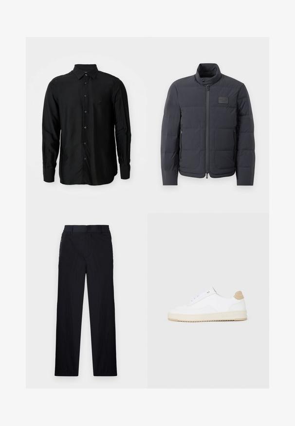 Casaco puffer preto com gola alta, textura acolchoada e fecho éclair frontal. Apresenta um pequeno emblema no lado esquerdo do peito e bolsos laterais.; Camisa preta de manga longa feita de tecido suave, com colarinho abotoado, botões na frente e um pequeno logotipo bordado.; Calças pretas com um tecido leve e texturizado, design de pernas retas, cintura elástica e bolsos laterais com fecho.; Sapatilhas brancas de cano baixo com parte superior em couro texturizado, sola cream estriada e detalhe em tan no calcanhar. Apresenta atacadores brancos e detalhe do logótipo no calcanhar.