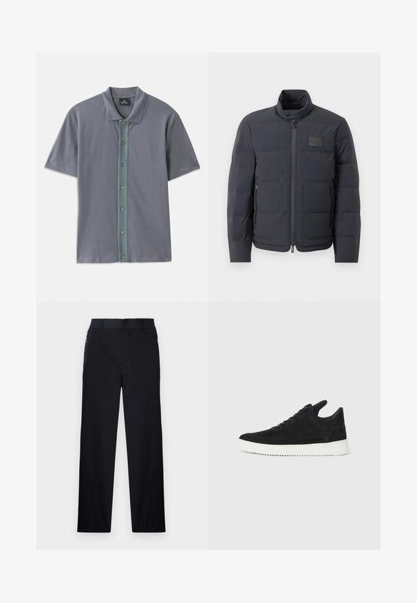 Schwarze Daunenjacke mit hohem Kragen, gestepptem Muster und einem Reißverschluss vorne. Verfügt über ein kleines Logopatch auf der linken Brust und seitliche Taschen.; Graues Polo-Shirt mit kurzen Ärmeln und blau-grünem Kontraststreifen entlang des Knopfes sowie fünf braunen Knöpfen. Weicher Stoff.; Schwarze Hose aus leichtem, strukturiertem Stoff, mit geradem Bein, elastischem Bund und seitlichen Reißverschlusstaschen.; Schwarze Wildleder-Sneaker mit einer weißen Gummisohle, die sich durch elegante Nähte und ein schnürbares Design auszeichnen. Glatte Textur mit einer modernen, stromlinienförmigen Form.