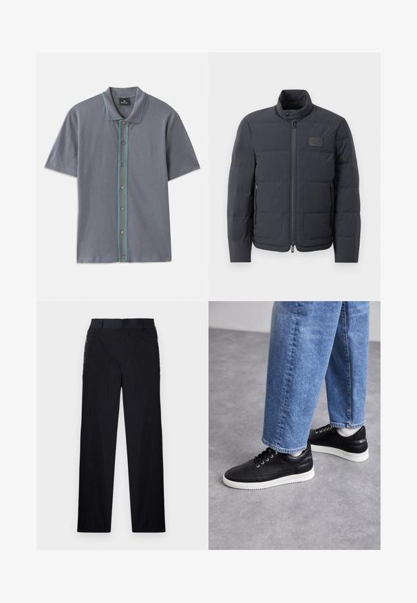 Sort dunjakke med høj krave, kviltet tekstur og lynlås foran. Har en lille logopatch på venstre bryst og sidelommer.; Grå kortærmet polo-shirt med en kontrastfyldt blå og grøn stribe langs knapstolpen og fem brune knapper. Blød stofstruktur.; Sorte bukser i let, struktureret stof, med lige ben, elastisk talje og sidelommer med lynlås.; Sorte lædersneakers med hvide gummisåler, featuring runde snørebånd, glat overflade og diskret branding på hælen. Båret med blå jeans.