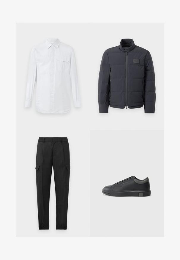 Črna napihnjena jakna z visokim ovratnikom, prešito teksturo in sprednjim zadrgo. Ima majhno logo nalepko na levem prsnem delu in stranske žepe.; Bela srajca z dolgimi rokavi in gumbi, z subtilnimi navpičnimi črtami, žepom na prsih z gumbom, in klasičnim ovratnikom na enobarvni podlagi.; Črne cargo hlače z elastičnim pasom, zoženim hlačnicami, stranskimi žepi in enim cargo žepom na levi stegn. Gladka tekstura.; Črne usnjene teniske s gladko površino, zaobljenim prstom in temno sivo akcenti. Imajo sistem vezanja in teksturiran gumijast podplat.