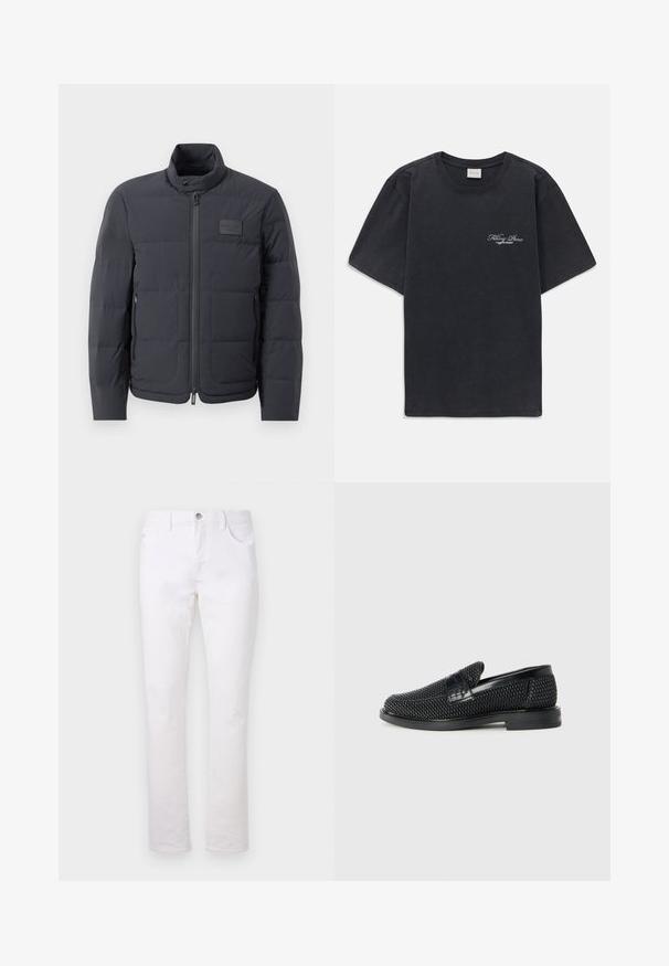 Must musternakk, millel on kõrge kaelus, tikkimise tekstuur ja esi tõmblukk. Iseloomustab väike logopatch vasakul rinnal ja küljetaskud.; Must have lühikesed varrukad ümmarguse kaelusega must T-särk, millel vasakul rinnal on väike valge "Filling Pieces" teksti logo.; Valged denimidest teksad sirge sääre kujundusega, millel on kaks esi-taskut, üks tagatasku ja metallist nööbi sulg. ; Must musta kootud slip-on king, millel on pehme nahast accent ülaserval, ümmargune varvas ja madal profiiliga kummitald.