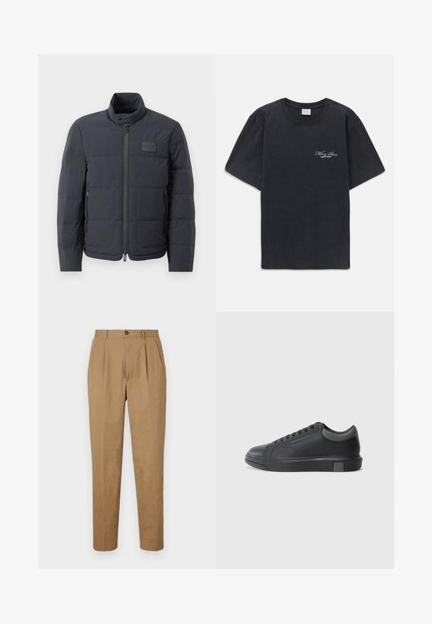 Doudoune noire avec un col montant, texture matelassée et fermeture éclair à l'avant. Elle possède une petite étiquette avec logo sur la poitrine gauche et des poches latérales.; T-shirt noir à manches courtes et col rond avec un petit logo « Filling Pieces » en blanc sur la poitrine gauche.; Pantalons plissés beiges à coupe droite, fabriqués dans un tissu lisse. Dotés d'une fermeture à bouton sur le devant et de poches latérales.; Sneaker en cuir noir avec une finition lisse, bout rond et accents gris foncé. Présente un design à lacets et une semelle en caoutchouc texturée.