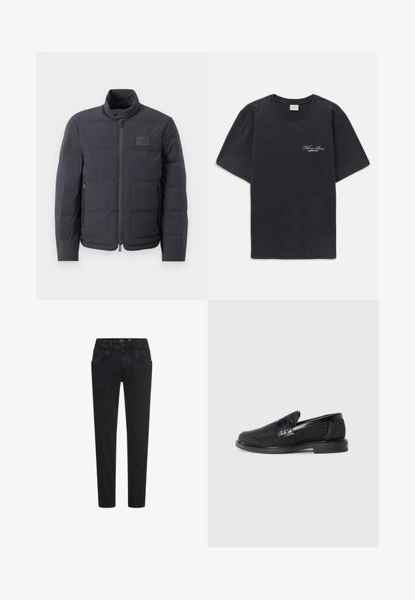 Zwarte pufferjack met een hoge kraag, gewatteerde textuur en een rits aan de voorkant. Beschikt over een klein logo-opdruk op de linkerborst en zijzakken.; Zwarte korte mouwen crew neck t-shirt met klein wit "Filling Pieces" tekstlogo op de linkerborst.; Zwarte spijkerbroek van denim met een slim fit, voorzien van voorzakken, een ritssluiting en een gladde textuur. Klassiek vijfzakkenontwerp, veelzijdig voor casual draag.; Zwartegeweven instap schoenen met een glad leren accent aan de bovenkant, een ronde neusontwerp en een laag profiel rubberen zool.