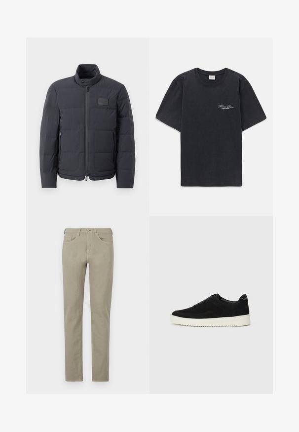 Must musternakk, millel on kõrge kaelus, tikkimise tekstuur ja esi tõmblukk. Iseloomustab väike logopatch vasakul rinnal ja küljetaskud.; Must have lühikesed varrukad ümmarguse kaelusega must T-särk, millel vasakul rinnal on väike valge "Filling Pieces" teksti logo.; Khaki puuvillased teksad, kitsas lõige, viie taskuga disain, nööbi ja lukuga sulgemine ning peened õmblusaktsendid taskutel.; Mustad suede jooksujalatsid, millel on paelad ja kontrastne valge kummitald. Omab tekstuuriga külgpaneele ja tagasihoidlikku brändimist kandadel.