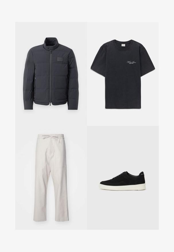 Black puffer jacket with a high collar, quilted texture, and a front zipper. Features a small logo patch on the left chest and side pockets.; Black short-sleeve crew neck t-shirt with small white "Filling Pieces" text logo on the left chest.; Linen trousers in light beige, featuring an elastic waistband with a drawstring and two front pockets. Straight-leg design.; Black suede sneaker with lace-up design and contrasting white rubber sole. Features textured side panels and subtle branding on the heel.