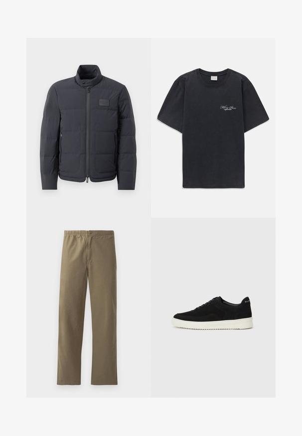 Crna puf jakna s visokim ovratnikom, kviltanom teksturom i prednjim zatvaračem. Ima mali logotip na lijevoj strani prsnog dijela i bočne džepove.; Crna majica kratkih rukava s okruglim izrezom s malim bijelim logotipom "Filling Pieces" na lijevoj strani prsnog koša.; Kaki hlače izrađene od lagane tkanine. Imaju elastičnu traku u struku, kopčanje na gumb, ravne nogavice i glatku teksturu.; Crne nubuk tenisice s vezanjem i kontrastnom bijelom gumenom potplatom. Imaju teksturirane bočne panele i suptilno brendiranje na peti.