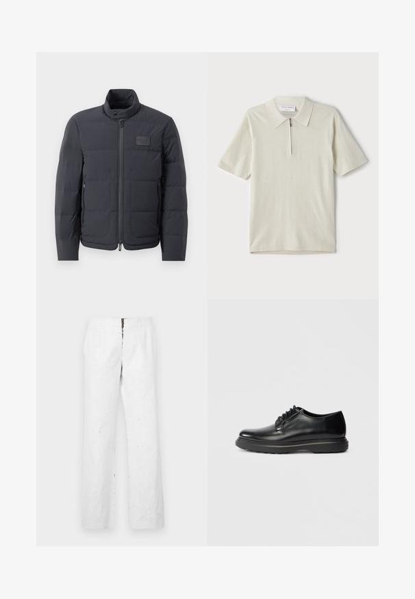 Melna pūkaina jaka ar augstu apkakli, quiltota tekstūra un priekšējo rāvējslēdzēju. Iekļauj mazu logotipa plāksteri kreisajā krūtī un sānu kabatas.; Īsām piedurknēm polo krekls gaiši bēšā krāsā ar rāvējslēdzāja apkakli. Izgatavots no gludas auduma, tam ir vienkāršs, mūsdienīgs dizains bez rakstiem.; Baltas, platajām biksēm ar teksturētu virsmu. Tām ir vidēja augstuma jostasvieta un priekšēja rāvējslēdzēja aizdare ar metāla slēgšanu.; Melnas ādas šņorējamās oksfordas kurpes ar biezām zolēm un uzrakstu "WATERMAN" izspiests sānos, parādītas profilā uz gaiši pelēka fona.