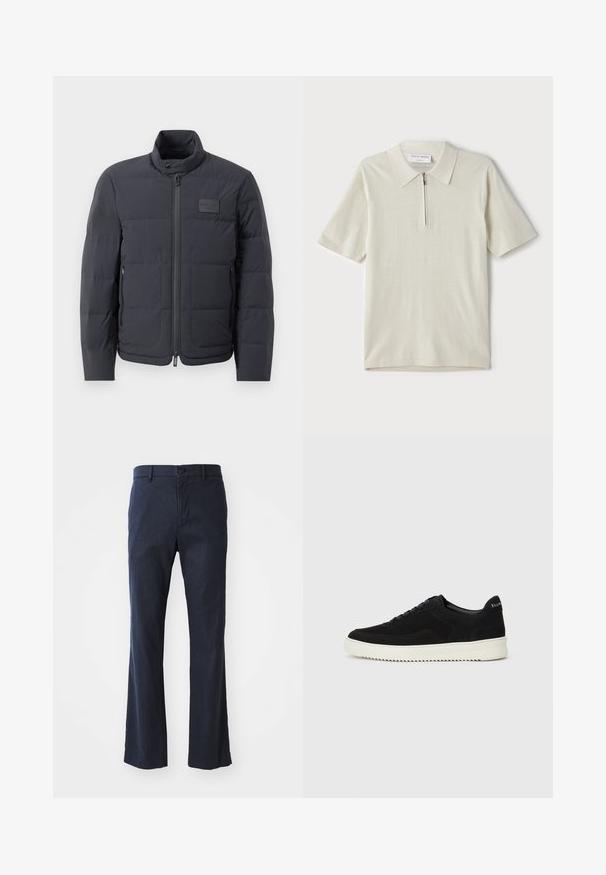 Fekete steppelt dzseki magas gallérral, steppelt textúrával és elülső cipzárral. Bal mellkason egy kis logófolt található, valamint oldalsó zsebek.; Rövid ujjú, világosbézs pólóing, cipzáras gallérral. Simás anyagból készült, egyszerű, modern dizájnnal, minta nélkül.; Tengerész kék, könnyű anyagból készült, bő szabású nadrág, egy gombos záródással és elülső zsebekkel, sima textúrával.; Fekete velúr sportcipő fűzős dizájnnal és kontrasztos fehér gumitalppal. Jellemzői a textúrázott oldalpanelek és a diszkrét logó a sarokon.