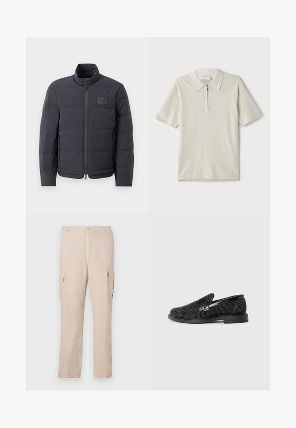 Fekete steppelt dzseki magas gallérral, steppelt textúrával és elülső cipzárral. Bal mellkason egy kis logófolt található, valamint oldalsó zsebek.; Rövid ujjú, világosbézs pólóing, cipzáras gallérral. Simás anyagból készült, egyszerű, modern dizájnnal, minta nélkül.; Beige vászon cargo nadrág, két oldalsó zsebbel, elülső gombos záródással és egyenes lábformával, sima textúrával.; Fekete szőtt slip-on cipő sima bőr díszítéssel a felsőrészen, kerek orral és alacsony profilos gumitalppal.