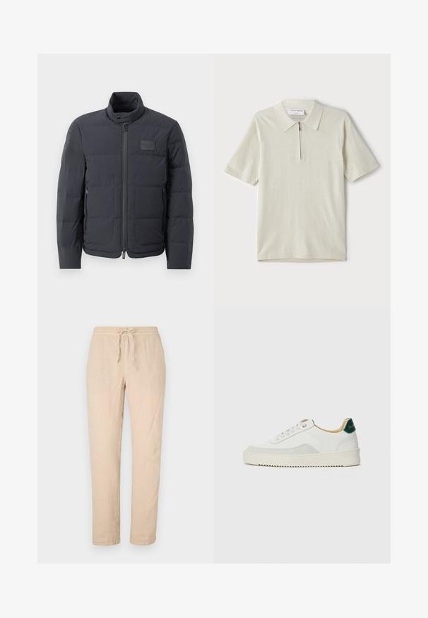 Melna pūkaina jaka ar augstu apkakli, quiltota tekstūra un priekšējo rāvējslēdzēju. Iekļauj mazu logotipa plāksteri kreisajā krūtī un sānu kabatas.; Īsām piedurknēm polo krekls gaiši bēšā krāsā ar rāvējslēdzāja apkakli. Izgatavots no gludas auduma, tam ir vienkāršs, mūsdienīgs dizains bez rakstiem.; Bēša lina bikses ar saitēm jostasvietā, taisnām kājām un mīkstu, teksturētu apdari. Iekļautas divas sānu kabatas un minimālās šuvju detaļas.; Baltas sneakers ar zamša akcentiem, noapaļota purngala, plakaniem auklām un krēmkrāsas gumijas zoli. Ar zaļu zīmolu uz papēža.
