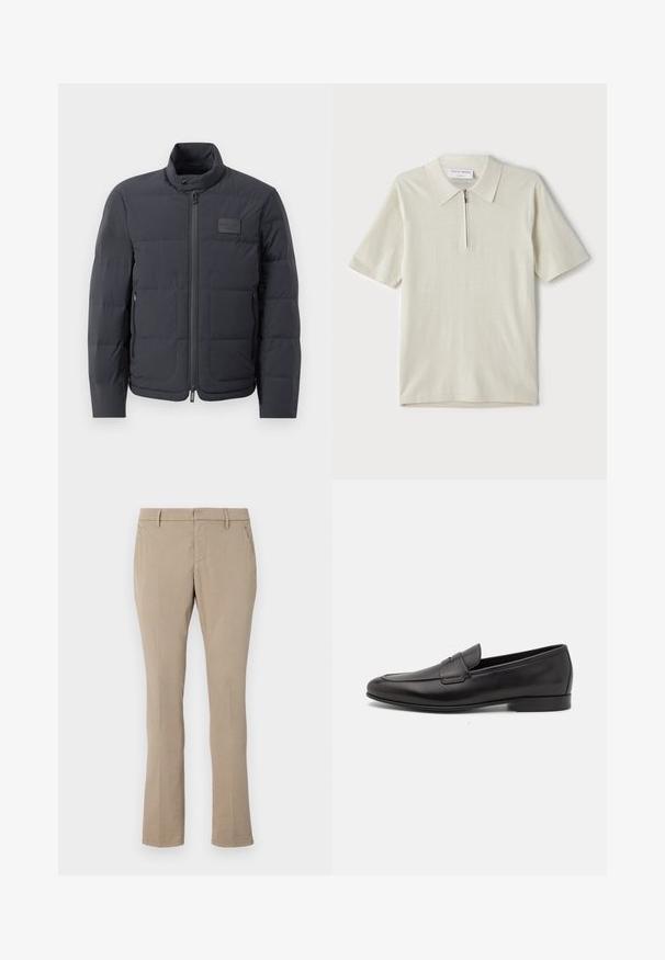 Zwarte pufferjack met een hoge kraag, gewatteerde textuur en een rits aan de voorkant. Beschikt over een klein logo-opdruk op de linkerborst en zijzakken.; Korte mouwen polo in lichtbeige met een ritskraag. Gemaakt van gladde stof, voorzien van een eenvoudig, modern ontwerp zonder patronen.; Beige broek van katoenmix, met een slim fit, recht model, voorzakken en een rits met knoopsluiting.; Zwarte leren herenloafers met een lage hak en een klassiek pennystrap-ontwerp, getoond in zijaanzicht op een witte achtergrond.