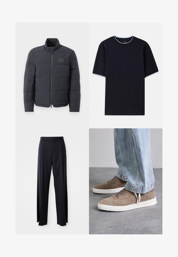Μαύρο φουσκωτό μπουφάν με ψηλό γιακά, καπιτονέ υφή και φερμουάρ μπροστά. Διαθέτει μια μικρή επιγραφή λογότυπου στην αριστερή μεριά του στήθους και πλαϊνές τσέπες.; Σκούρο μπλε κοντομάνικο μπλουζάκι με στρογγυλή λαιμόκοψη, που διαθέτει ανοιχτό μπλε λεπτομέρεια στον γιακά και τα μανίκια. Φτιαγμένο από μαλακό βαμβακερό ύφασμα.; Μαύρο παντελόνι ψηλόμεσο με φαρδιά γραμμή, κατασκευασμένο από απαλό ύφασμα. Διαθέτει πιέτες εμπρός και θηλιές ζώνης. Μινιμαλιστικός σχεδιασμός, χωρίς ορατά αξεσουάρ.; Καφέ σουέτ αθλητικά παπούτσια με λευκές καουτσούκ σόλες, που διαθέτουν στρογγυλά κορδόνια και χαμηλό προφίλ. Τα τζιν καλύπτουν εν μέρει τα παπούτσια.
