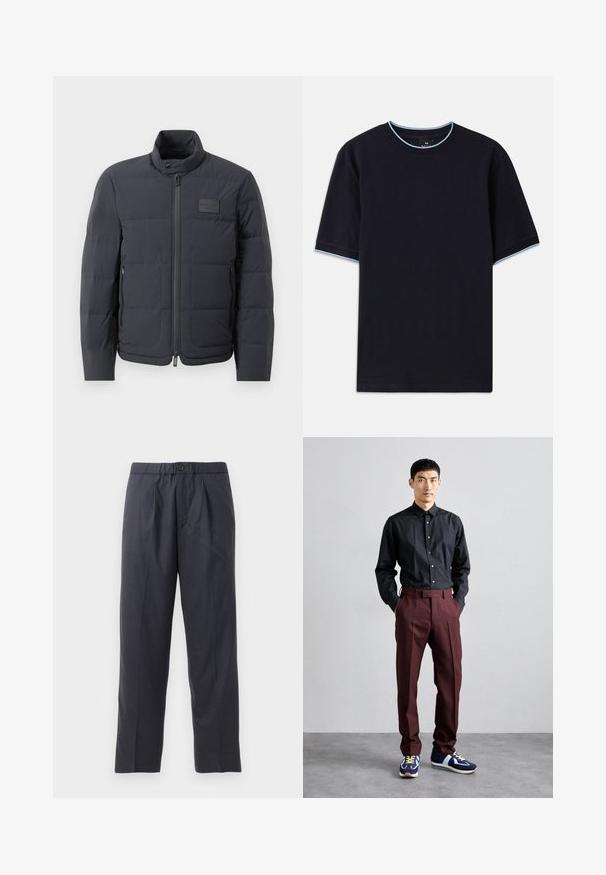 Doudoune noire avec un col montant, texture matelassée et fermeture éclair à l'avant. Elle possède une petite étiquette avec logo sur la poitrine gauche et des poches latérales.; T-shirt à manches courtes bleu foncé avec un col rond, présentant un accent bleu clair au niveau du col et des manches. Fabriqué en tissu en coton doux.; Pantalons bleu marine foncé en tissu doux avec un design front à plis et une taille élastique. Comprend une fermeture à bouton et une coupe droite.; Chemise noire à manches longues et boutonnée associée à un pantalon bordeaux taille haute et des baskets bleues avec des accents verts. Le mannequin se tient avec les mains dans les poches.