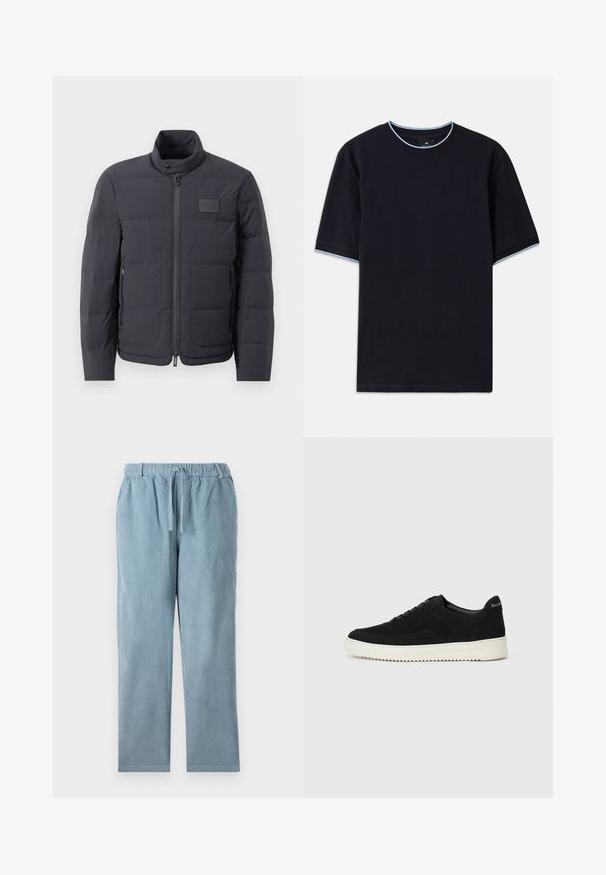 Musta puffatakki korkealla kauluksella, tikattu pinta ja vetoketju edessä. Sisältää pienen logopatchin vasemmassa rinnassa sekä sivutaskut.; T-paita tummansinisestä lyhythihaisesta kankaasta pyöreällä kaula-aukolla, jossa vaaleansininen yksityiskohta kauluksessa ja hihoissa. Valmistettu pehmeästä puuvillakankaasta.; Vaaleansiniset corduroypantsit, joissa on elastinen vyötärö, nyöri, suora lahkeenshape ja ribbipintakuvio. Ei näkyviä taskuja.; Mustat mokkakengät nauhoilla ja kontrastivalkoisella kumipohjalla. Varustettu teksturoiduilla sivupaneeleilla ja huomaamattomalla brändäyksellä kantapäässä.